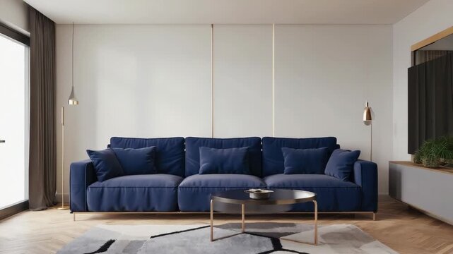 Luxurious navy blue sofa with clean lines and modern design accents.