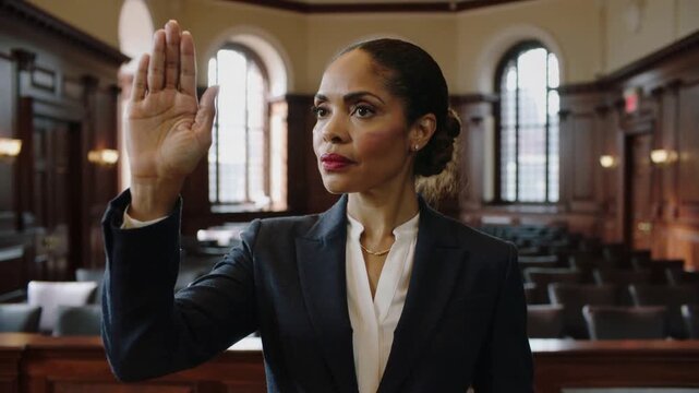 Responding to oath, woman in navy blazer raising right hand in courtroom with wooden lectern