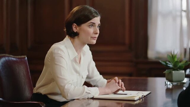 Responding to question, woman wearing white shirt leaning, explaining at office table with folder