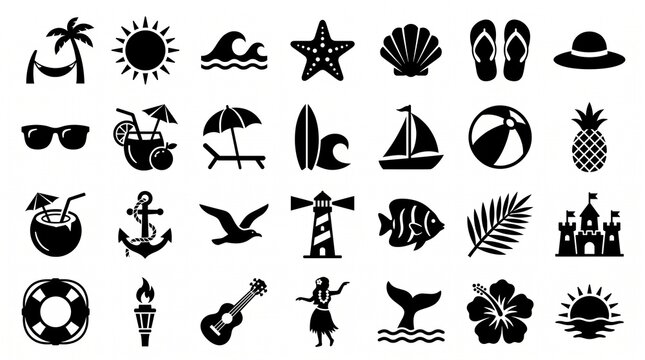 Minimalist beach icons set, black summer vacation symbols on white background, 28 tropical holiday travel elements for web design