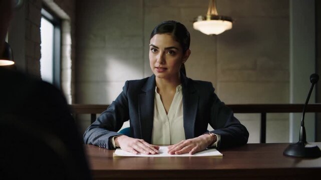 Arranging folder, woman in navy-blazer white-blouse preparing notes and speaking at meeting desk