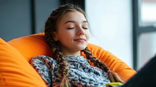 Smiling girl with braided hair and black jacket looking up