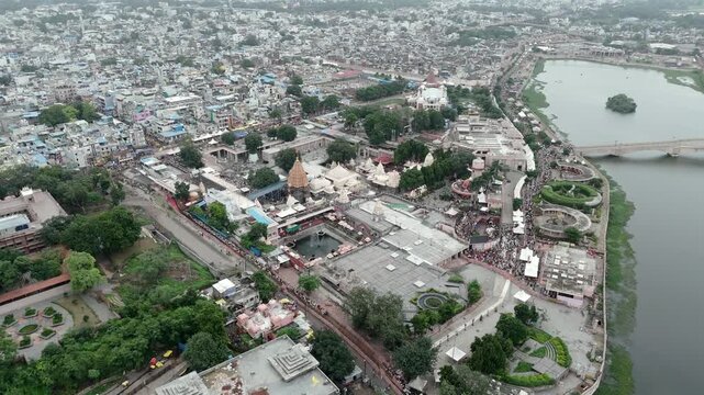 Aerial shot of Shri Mahakaleshwar Jyotirlinga Temple in Madhya Pradesh, India. This is one of the Popular Jyotirlinga of 12 Jyotirlinga in India