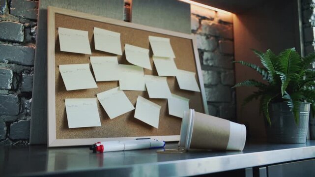 Camera moving closer, drifting right, framing corkboard with notes on metal counter, catching spill