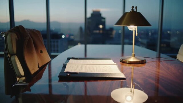 Zooming camera revealing glossy wooden table at dusk, highlighting open binder, brass lamp, coat