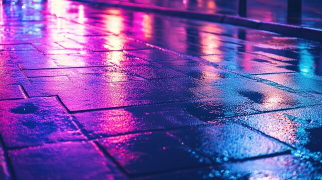 streaks. Neon reflections on wet pavement create an abstract urban nightscape with vibrant color streaks. real-estate listings.