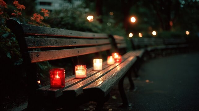Burning candles in glass jars placed on wooden park bench at night. Memorial tribute with glowing candlelight in garden. Vigil, mourning, hope and peace concept at twilight setting.