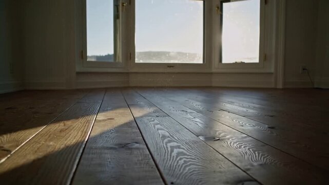Shifting sun sliding across plank floor in vacant room, revealing grain, knots, open bay sash
