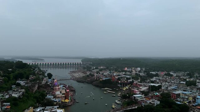 Aerial shot of Shri Omkareshwar Jyotirlinga Temple in Madhya Pradesh, India. This is one of the Popular Jyotirlinga of 12 Jyotirlinga in India