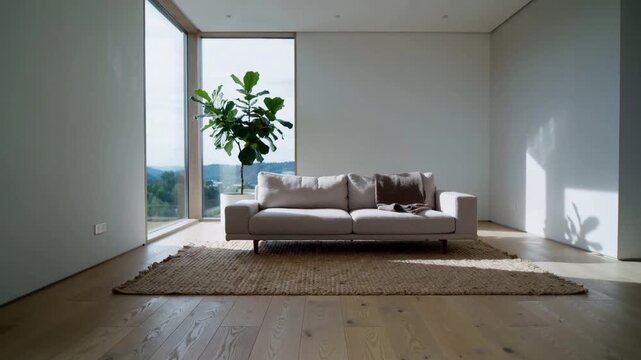 Moving camera framing three seat sofa in minimal living room, sunlight shifting casting fig shadow