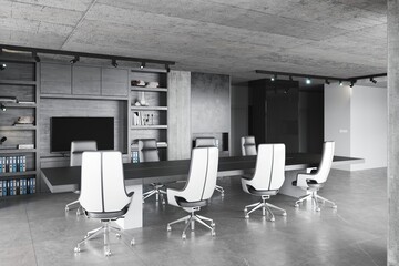 Fototapeta premium 3D render of a spacious corporate boardroom featuring a long table, white ergonomic chairs, and concrete architecture.