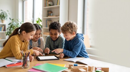 Obraz premium Happy diverse kids learning collaboratively with a digital tablet device