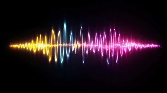 A vibrant, abstract representation of sound waves dominates the image.