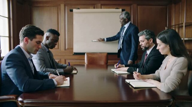 Pointing senior in suit starting meeting in wood conference room with flipchart notes, copy space