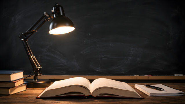 Desk lamp illuminating open book on wooden desk