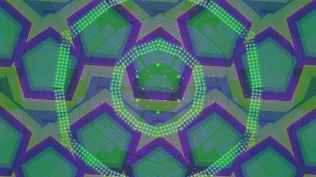 Blue and green kaleidoscopic geometric motion background with glowing pixel patterns.