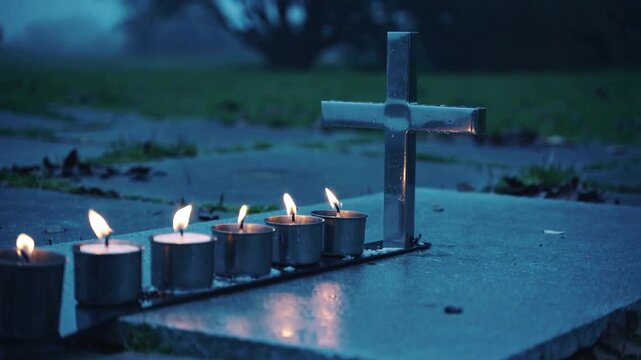 Flickering tealight flames swaying in breeze on wet grave slab, camera panning to cross in memory