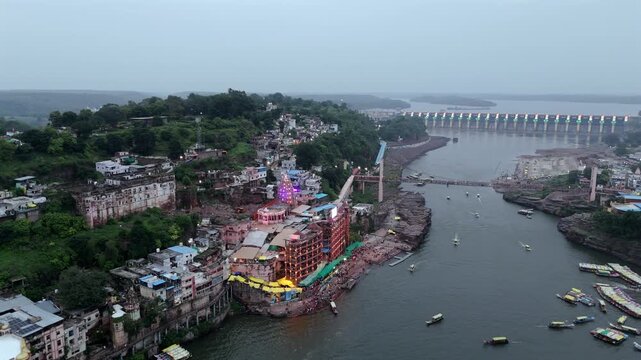 Aerial shot of Shri Omkareshwar Jyotirlinga Temple in Madhya Pradesh, India. This is one of the Popular Jyotirlinga of 12 Jyotirlinga in India
