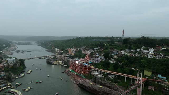 Aerial shot of Shri Omkareshwar Jyotirlinga Temple in Madhya Pradesh, India. This is one of the Popular Jyotirlinga of 12 Jyotirlinga in India