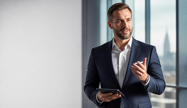 Businessman in a suit holding a tablet, focused on the screen, in a modern office setting.