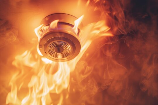 Smoke alarm engulfed in flames and thick smoke, signaling a dangerous fire emergency