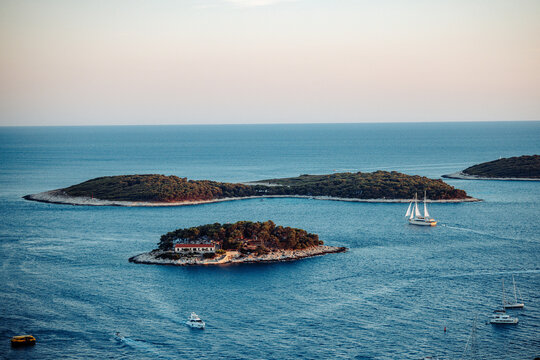 View of the Pakleni Islands with sailing boats and yachts on the Adriatic Sea in Hvar, Split-Dalmatia County, Croatia.