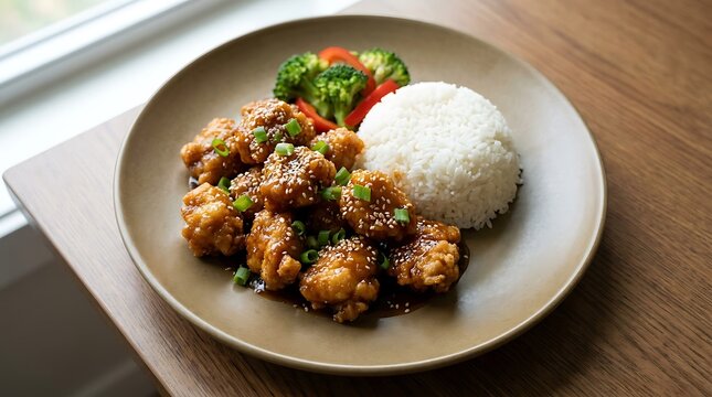 Crispy General Tso's chicken with rice and broccoli on white plate close-up. general tso chicken