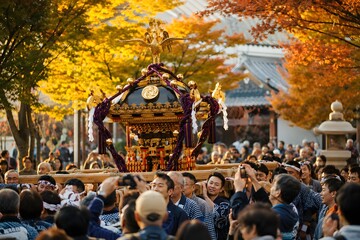 Fototapeta premium 紅葉の神社で神輿を見守る秋祭りの観客素材