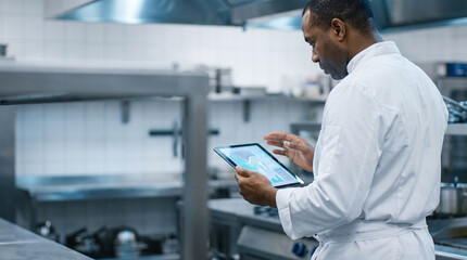 Fototapeta premium Head chef reviewing AI kitchen efficiency dashboard in restaurant