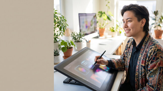 Graphic designer using AI-assisted design tools on drawing tablet