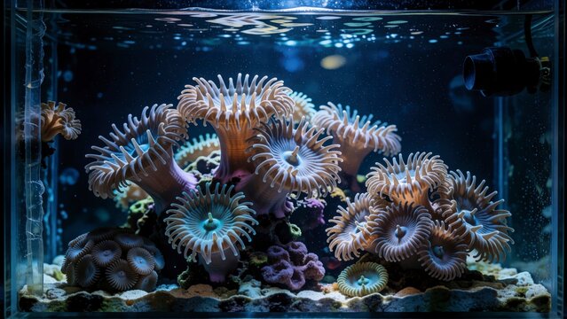 Vibrant Zoanthid coral colony in a saltwater aquarium reef tank
