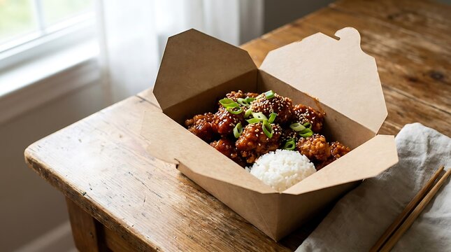 Takeout container of General Tso's chicken with broccoli and rice on wooden table by window. general tso chicken
