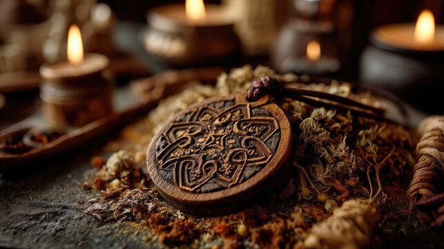 A dark, moody photograph showcases a wooden amulet pendant resting on a bed of dried moss and herbs, surrounded by flickering candlelight.