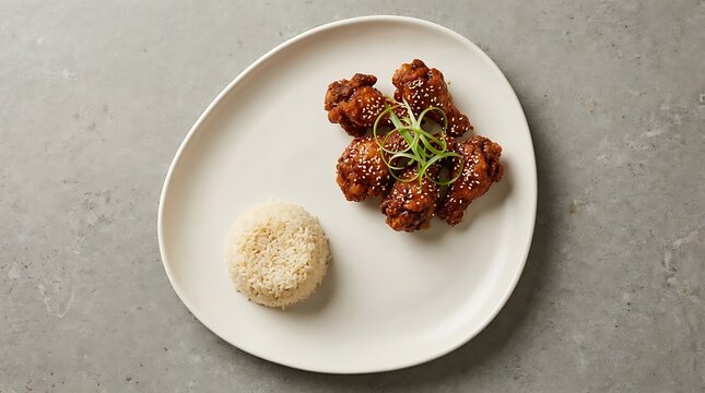 Close-up of General Tso's chicken with white rice on minimalist ceramic plate for food blogging. general tso chicken