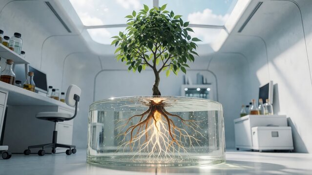 Small tree growing in a glass container inside a modern laboratory for botanical research.