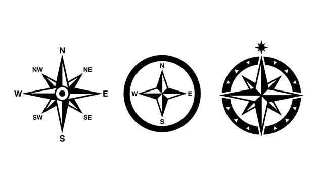 Nautical compass rose icon set showing vintage and modern navigation symbols for map orientation direction and geography exploration vector.