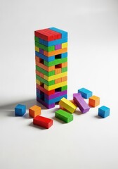 Naklejka premium A vibrant wooden block tower stands tall on a smooth surface with several colorful pieces scattered at the base after a playful tumble, minimalist, tumbled, leisure