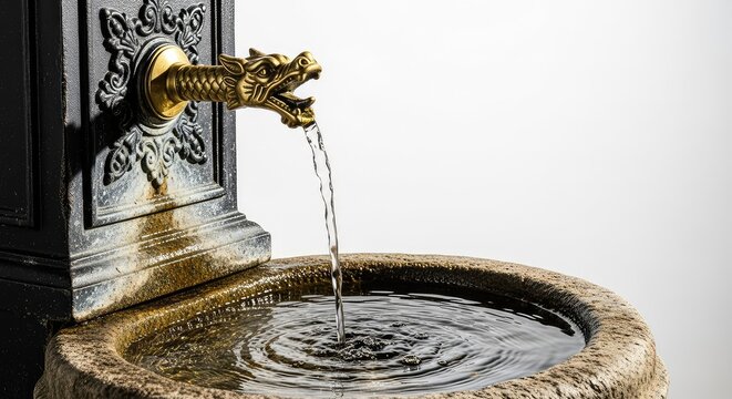 A vintage cast iron drinking fountain with a brass dragon shaped spout features a continuous stream of fresh water flowing into a stone basin, basin, carved, urban