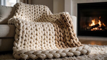 Obraz premium Chunky knit blanket on a cozy armchair by a warm fireplace in a living room interior.