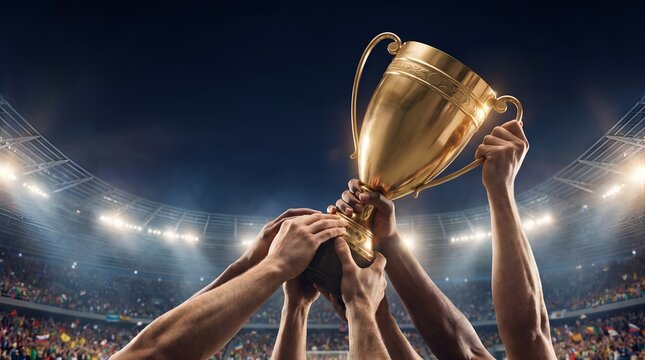 Winning Team Celebrating With Gold Trophy Cup