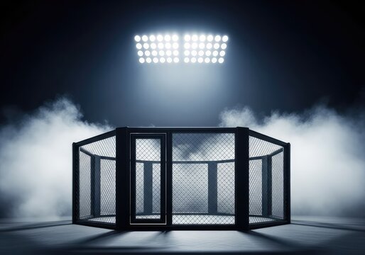 An empty professional octagonal combat sports cage sits under bright stadium lights with thick atmospheric smoke filling the arena space, platform, atmosphere, combat