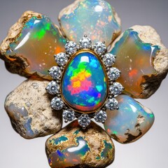 Fototapeta premium Closeup of an organic shaped opal displaying a play of color, surrounded by brilliant cut diamonds and multiple raw precious opal stones, shimmer, gemstone, luxury