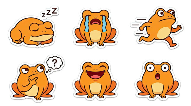 Collection of orange frog stickers with diverse emotional expressions.