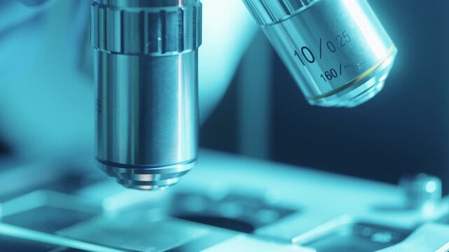 Scientist rotating microscope nosepiece to change objective lens magnification in laboratory