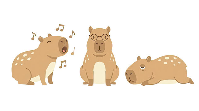 Cute capybara characters in different singing and lounging poses.