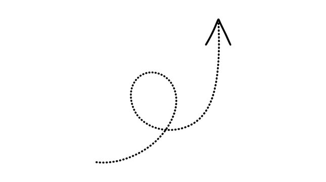 Minimalist black dotted arrow with spiral loop, hand drawn dashed line pointer, simple upward curved arrow on white background