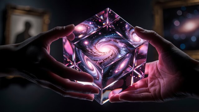 Hands holding a glowing crystal cube containing a swirling galaxy and cosmic nebula