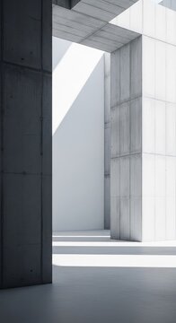 Minimalist modern architecture featuring raw concrete pillars within a vast white space illuminated by soft natural light and shadows, void, structure, serene
