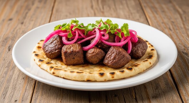Savory fried meat chunks served on a warm toasted flatbread, garnished with bright pickled red onions and fresh green herbs on a rustic table, gourmet, plate, fried