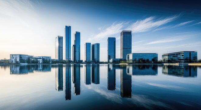 Sleek modern skyscrapers and minimalist glass buildings stand along a tranquil lake shore with clear reflections in the still blue water, sky, building, skyline